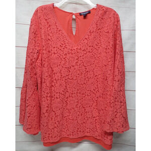 Roaman's Plus Size 24 2x Coral Peach Orange Lace Blouse Bell Sleeve